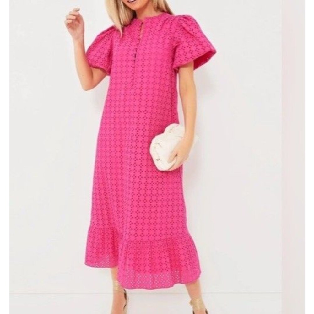 Hyacinth House Pink Eyelet Midi Dress Puff Sleeve Button Ruffle Split Neck L